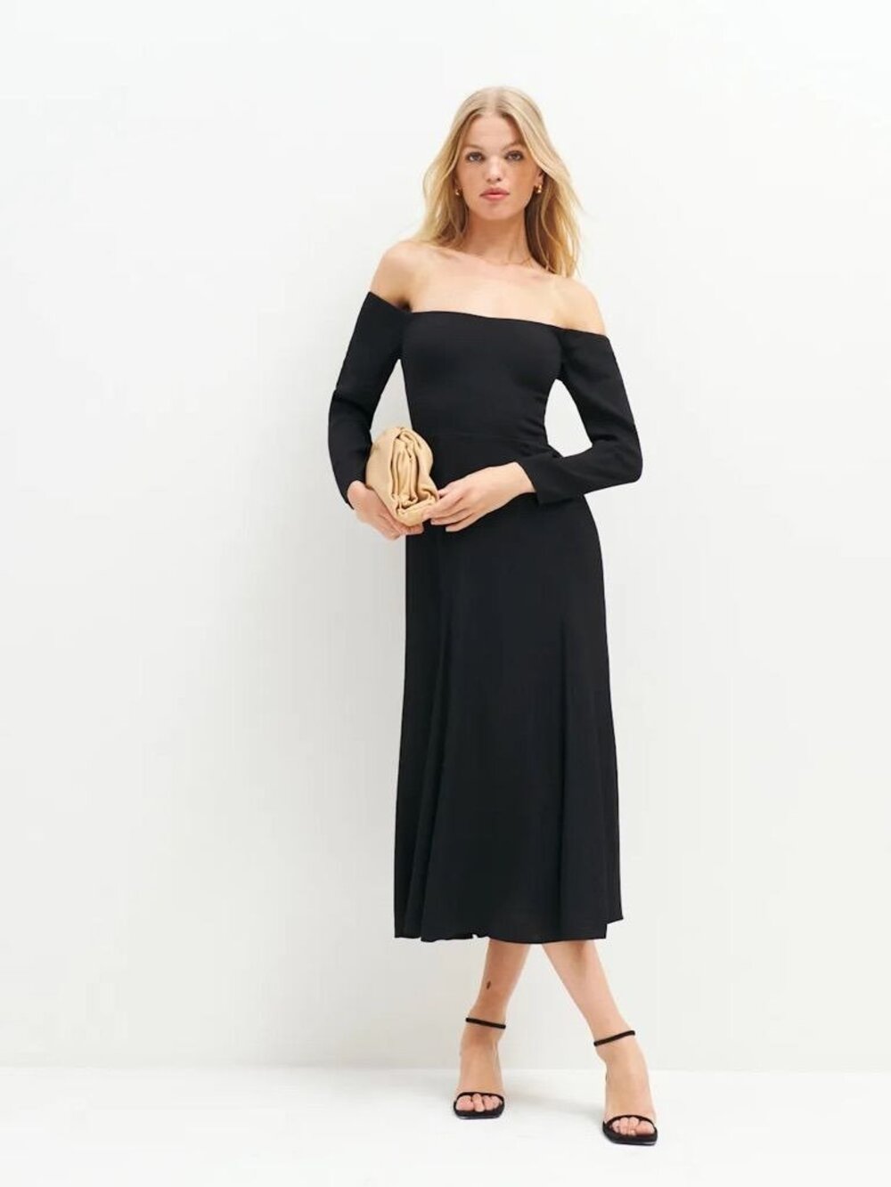 NWT Reformation Ballari Dress 6 Black Midi LBD Long Sleeve Off Shoulder Formal